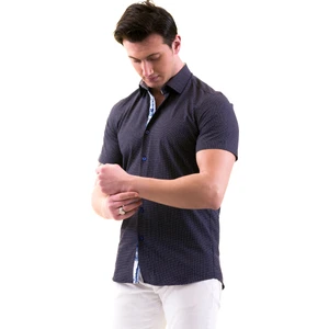 Exve Exclusive Lacivert Beyaz Baskılı Yaka ve Göğüs Içi Mavi Beyaz Gül Detaylı Slim Fit Kısa Kollu Pamuk Gömlek