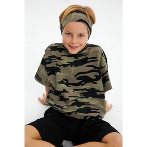 Kamuflaj-Kamuflaj Erkek Çocuk Pamuklu Penye Oversize Kamuflaj T-Shirt Bandana İkili Takım