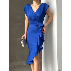 Scuba Kumaş Önü Fırfırlı Midi Boy Elbise (Renkli)