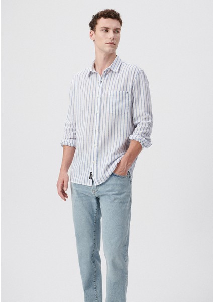 Erkek Çizgili Mavi Keten Gömlek 0210701-70813