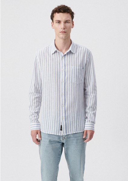 Erkek Çizgili Mavi Keten Gömlek 0210701-70813 fiyatları