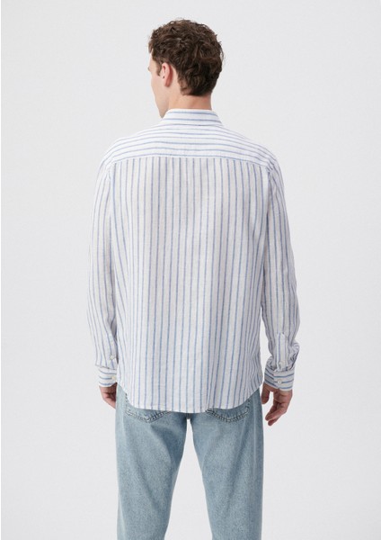 Erkek Çizgili Mavi Keten Gömlek 0210701-70813 modelleri