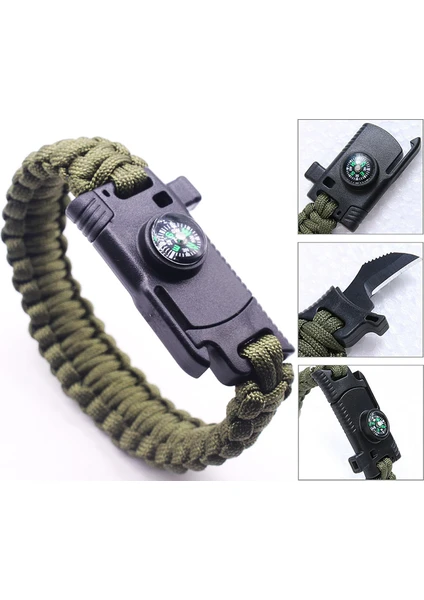 9595 Pusulalı & Bıçaklı Paracord Bileklik Haki