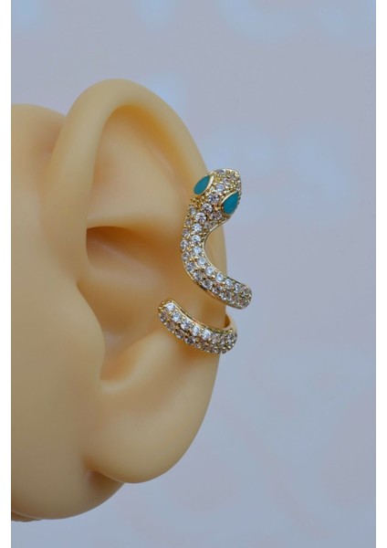 Sacce Scarves&Accessories Sevimli Mavi Gözlü Yılan Earcuff Sıkıştırmalı Kıkırdak Küpesi Gold