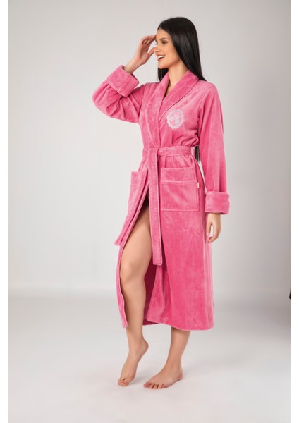 Pembe Nakışlı Bambu Cotton Bayan Bornozu