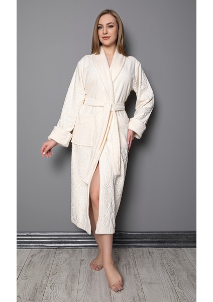 Krem Şal Yaka Eteği Jakarlı Bambu Pamuklu Bayan Bornozu fiyatları
