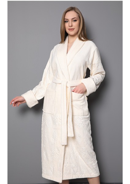 Krem Şal Yaka Eteği Jakarlı Bambu Pamuklu Bayan Bornozu modelleri