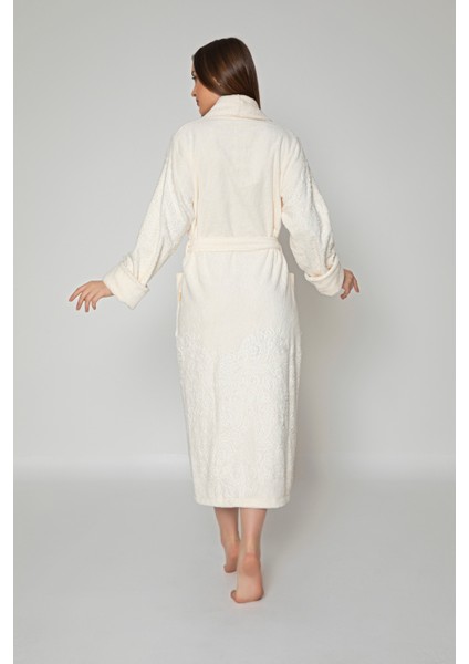Krem Eteği Kolu Jakarlı Bambo Cotton Bayan Bornozu