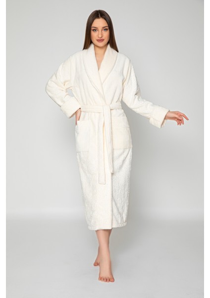 Krem Eteği Kolu Jakarlı Bambo Cotton Bayan Bornozu