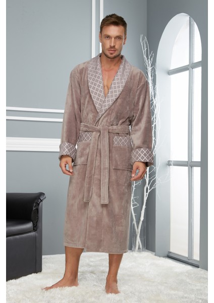 Nefti Renk Yaka Kapitone Bambu Pamuklu Erkek Bornozu