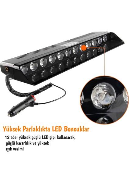 12 Ledli Çakar Vantuzlu Çakmaklık Girişli 12 Ledli Kırmızı-Mavi 10 Modlu Profesyonel Çakar