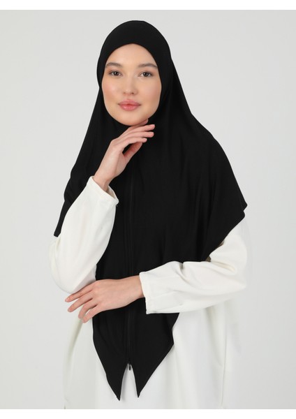 Fermuarlı Viskon Hijab - Siyah - Ecardin