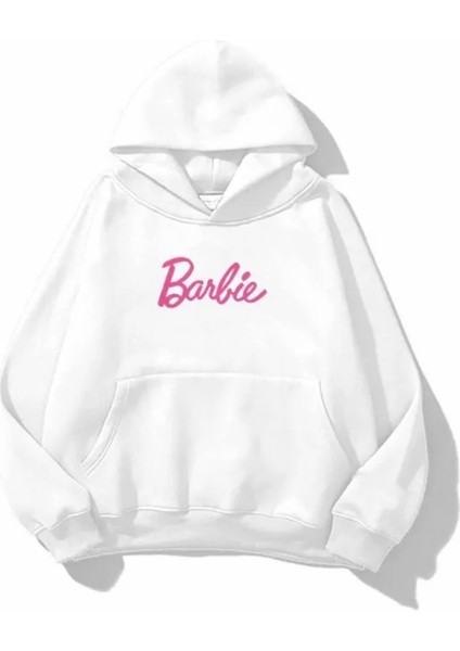 Büyük Beden Özel Tasarım Kapüşonlu Barbie Baskılı 3iplik Tam Kışlık %100 Pamuk Kadın Sweatshırt