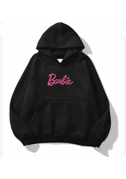 Büyük Beden Özel Tasarım Kapüşonlu Barbıe Baskılı %100 Pamuk Oversize Kadın Sweatshırt