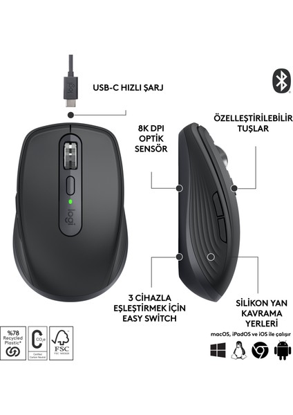 MX Anywhere 3S Kompakt 8000 DPI Optik Sensörlü Sessiz Bluetooth Kablosuz Mouse - Siyah