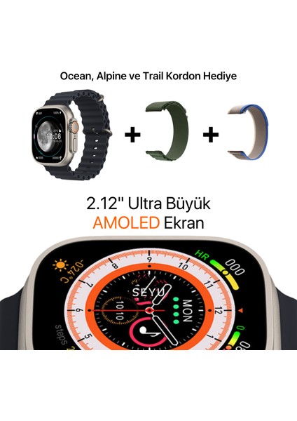 Seyu Watch Watch Ultra Hk8 Pro Max Siyah Iphone ve Android Tüm Telefonlara Uyumlu Amoled Akıllı Saat