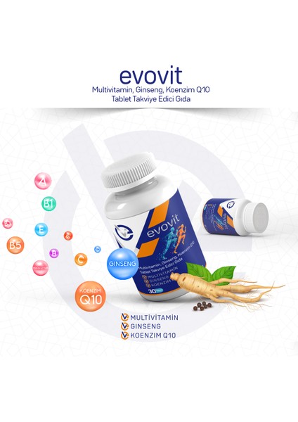 Evovit Multivitamin Ginseng Koenzim Q10 Takviye Edici Gıda 30 Tablet