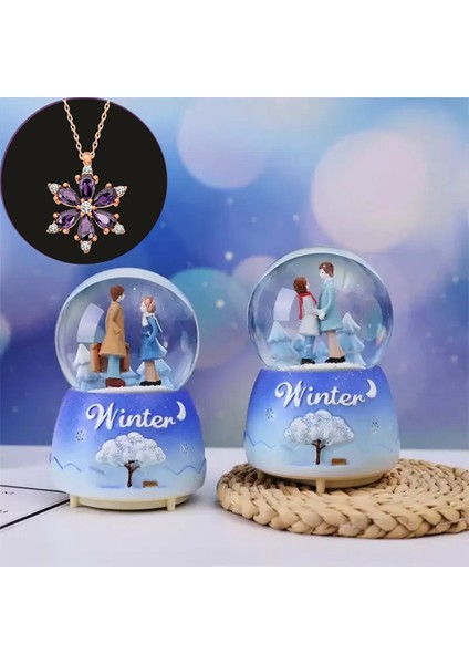 Winter Orta Boy Işıklı Müzikli Kar Küre ve Lotus Kolye Hediyeli