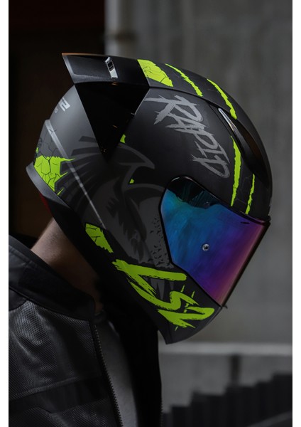 Rapıd Race Raven Mat Siyah-Gri-Neon Sarı Kask C2