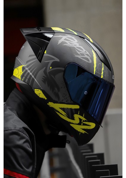 Rapıd Race Raven Mat Siyah-Gri-Neon Sarı Kask