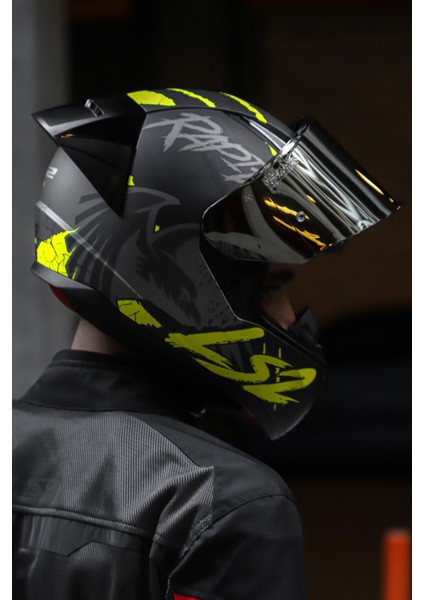 Rapıd Race Raven Mat Siyah-Gri-Neon Sarı Kask C5