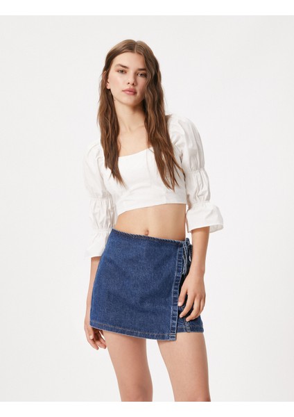 Crop Bluz Kare Yaka Arkası Dekolteli Uzun Kollu Büzgü Detaylı Pamuklu fiyatları