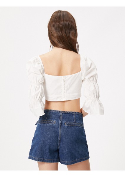 Crop Bluz Kare Yaka Arkası Dekolteli Uzun Kollu Büzgü Detaylı Pamuklu fırsatları