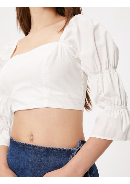 Crop Bluz Kare Yaka Arkası Dekolteli Uzun Kollu Büzgü Detaylı Pamuklu indirimleri