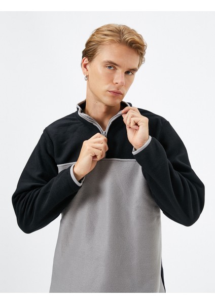 Polar Sweatshirt Yarım Fermuarlı Renk Bloklu Slogan Detaylı
