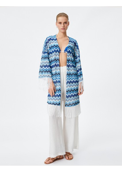 Kimono Kolları ve Eteği Püsküllü Rahat Kesim