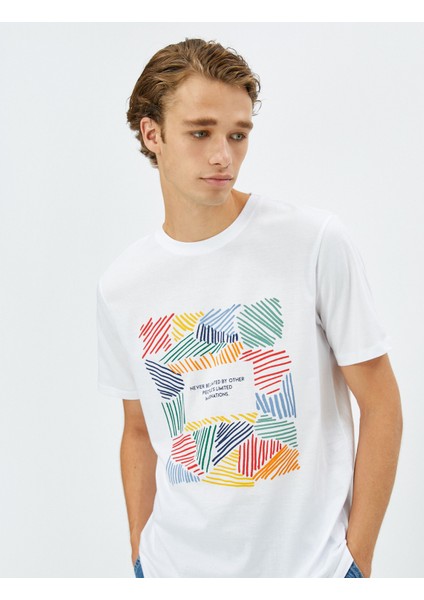 Slogan Baskılı Tişört Bisiklet Yaka Kısa Kollu Pamuklu