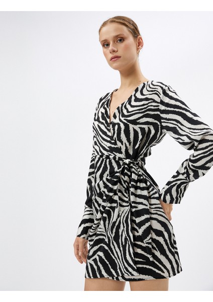 Zebra Desenli Elbise Mini Anvelop Uzun Kollu V Yaka fiyatları