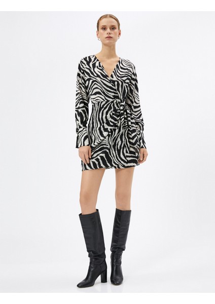 Zebra Desenli Elbise Mini Anvelop Uzun Kollu V Yaka modelleri