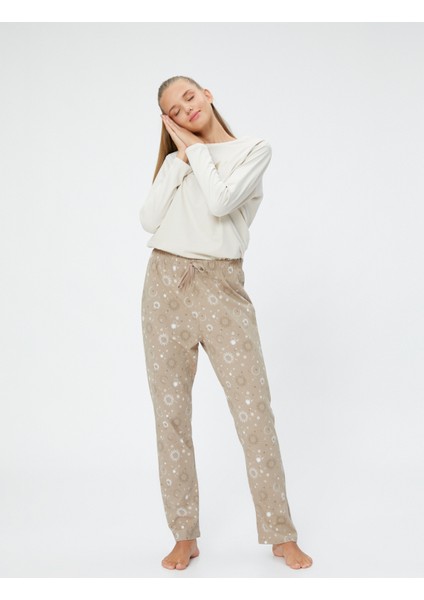 Uzun Kollu Pijama Takımı Baskılı Desenli Bisiklet Yaka
