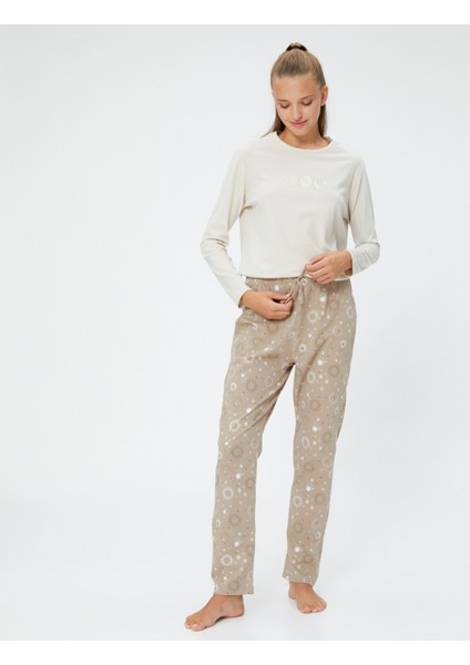 Uzun Kollu Pijama Takımı Baskılı Desenli Bisiklet Yaka