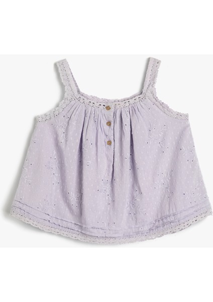 Askılı Bluz Çiçek Brodeli Düğmeli Pamuklu Astarlı