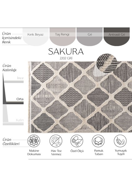 Sakura 2202 Gri Hav Toz Vermez Etnik Desenli Modern Bukleli Salon Halısı