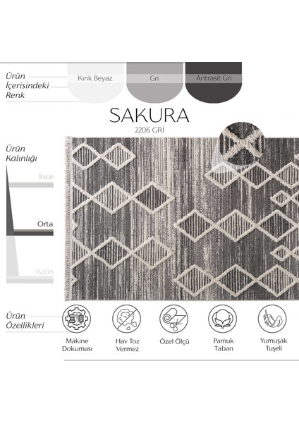 Sakura 2206 Gri Hav Toz Vermez Etnik Desenli Modern Bukleli Salon Halısı