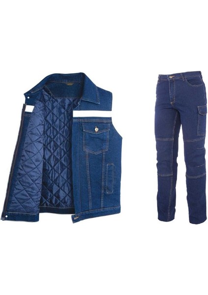 Kot Iş Takımı Likralı Kot Pantolon ve Reflektörlü Kapitoneli Iş Yeleği Kışlık Myform Marka 9129-2150