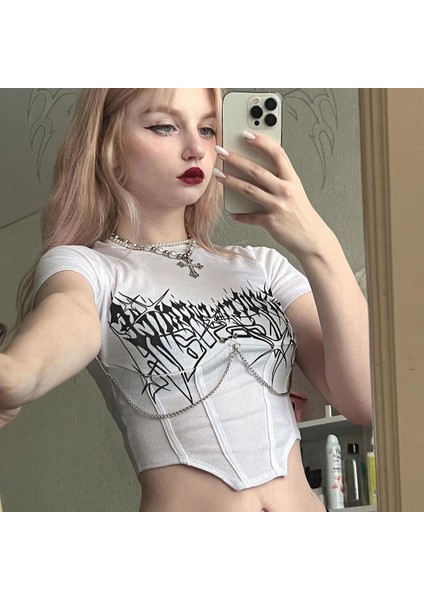 Beyaz Zincir Detaylı Üçgen Kesim Gothic Yarım T-Shirt fiyatları