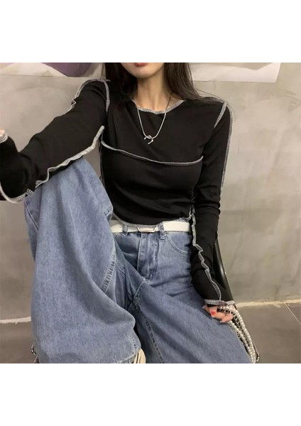 Beyaz Dikiş Detaylı Düz Siyah Yarım Kadın Uzun Kollu Crop