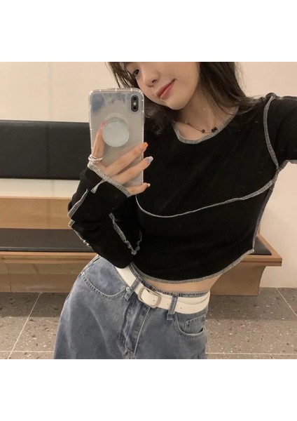 Beyaz Dikiş Detaylı Düz Siyah Yarım Kadın Uzun Kollu Crop modelleri