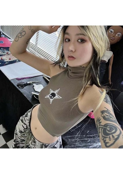 Füme Star Skull Boğazlı Askılı Kadın T-Shirt