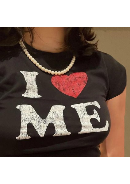 Siyah I Love Me Yarım T-Shirt