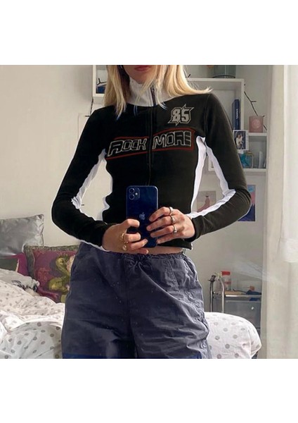 Siyah Retro Rock More 85 Fermuarlı Crop Hırka