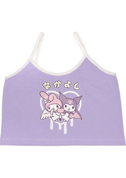 Anime Sanrio Kuromi And My Melody - Heart Lila Askılı Kadın T-Shirt modelleri