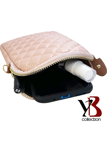 Yb Collection Kapitone Deri Kumaş Zincir Boyun Askılıklı Telefon Çantası Cüzdan Pudra Pembesi AL3943 fırsatları