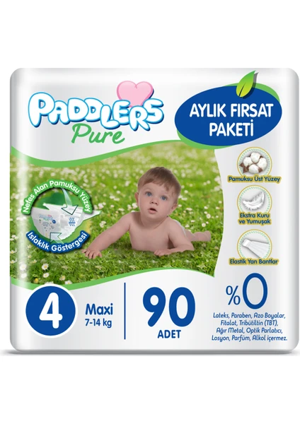 Pure Bebek Bezi 4 Numara Maxi 90 Adet (7-14 Kg) Aylık Fırsat Paketi