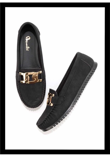 Siyah Baskılı Nubuk Kadın Loafer Ayakkabı K01542167701