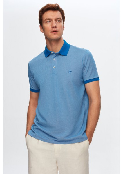 Regular Fit Saks Mavi Polo Yaka Nakışlı Pamuk Karışımlı T-Shirt 8HC14ORT52000